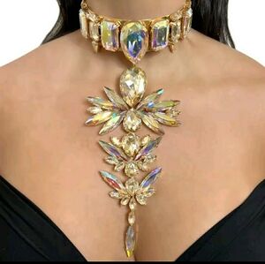 Elegant Gold and Crystal Statement Necklace Set Includes Bracelet